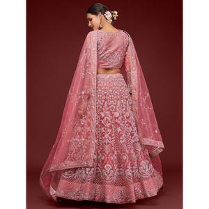 Gorgeous Coral Embroidered <b>Net</b> Wedding Wear Lehenga Choli - Product Image 5