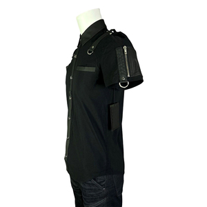 <b>Men's</b> Gothic Punk Short Sleeve Shirt Street Style Black Cotton Button Up with Metal D-Rings and Vegan Leather - Product Image 5