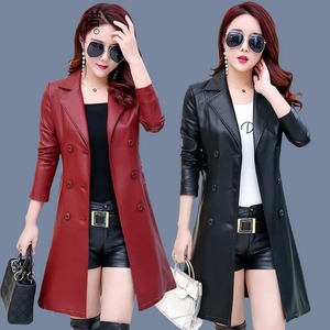 Disponible en stock otoño nueva Chaqueta larga de cuero para mujer delgada con cinturón Chaqueta larga de cuero para motocicleta abrigo de cuero de alta calidad - Product Image 2