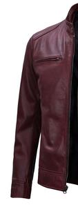 Veste en cuir pour homme, style motard, col montant, fermeture éclair, coupe ajustée, pour l'automne - Product Image 2