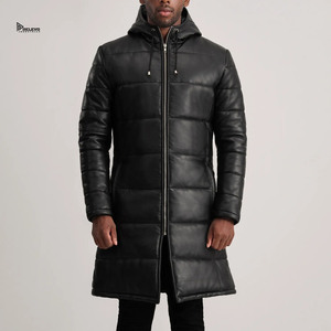 Custom Men's <b>Long</b> <b>Hooded</b> <b>Puffer</b> <b>Jacket</b> PU Leather Quilted Winter Coat Windproof Zipper Closure Casual Streetwear - Product Image 1