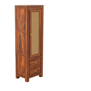 Wholesale Boho Solid Wood Rattan <b>Bookcases</b> Tall Cabinet Single Door Cane <b>Bookcase</b> with Drawers | Jodhpur Handicraft - Product Image 1
