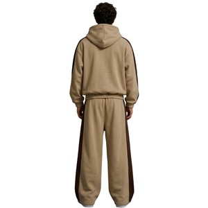 Al por mayor Conjunto de sudadera y pantalón de chándal unisex de peso pesado, con cremallera completa, estilo oversize, bloques de color, rayas en contraste, sudaderas con capucha de corte holgado y pantalones de chándal de pierna ancha y holgados para hombre - Product Image 4