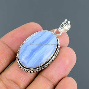 Colgante hecho a mano de Plata de Ley 925 sólida colgante de joyería de encaje azul hecho a mano colgante de plata sólida - Product Image 4