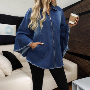 Streetwear Casual Turn Down Collar Loose Fit Zipper Jacket Ladies Oversize batwing Sleeve Denim Jacket - Product Image 3