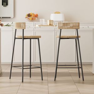 Set di 2 Sgabelli da Bar Neri Intrecciati a Mano con Schienale in Corda di Carta, Sgabelli Rotondi con Poggiapiedi per Isola Cucina e Sale da Pranzo - Product Image 1