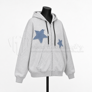 Sweat à capuche oversize zippé avec applique étoile en jean, unisexe, décontracté, en coton French Terry, pour l'automne - Product Image 3