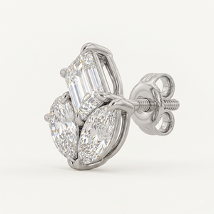 Boucles d'oreilles clous en or blanc 18 carats pour femmes, trois pierres de diamant, diamant cultivé, style classique, look minimaliste, à porter au quotidien - Product Image 3