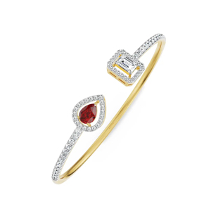 Luxury 18K Gold Cuff <b>Bracelet</b> With Emerald Cut Diamond And <b>Red</b> Gemstone Women's Wedding Jewelry - Product Image 2