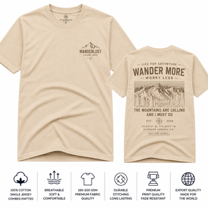 เสื้อยืดแขนสั้นผู้ชาย Wanderlust สีเบจ ผ้าเจอร์ซีย์ถัก คอกลม ทรงปกติ ผ้าฝ้าย 100% ระบายอากาศได้ดี พิมพ์ลายภูเขา - Product Image 1