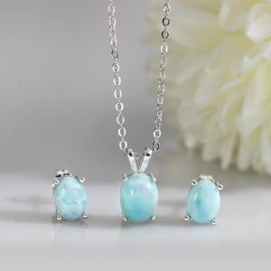 Natural Larimar Oval <b>Stud</b> Earrings 925 Sterling <b>Silver</b> Gemstone Prong Jewelry For Women Gift Wholesale - Product Image 3