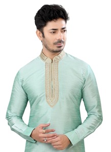 Kurta en coton blanc pour homme, manches longues, couleur unie, col montant, broderie élégante, tenue de mariage, style Inde Pakistan - Product Image 4