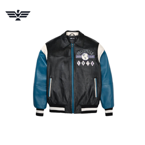   Veste universitaire pour homme en cuir véritable noir, bleu et blanc avec patch brodé, col montant, fermeture éclair, style preppy - Product Image 2
