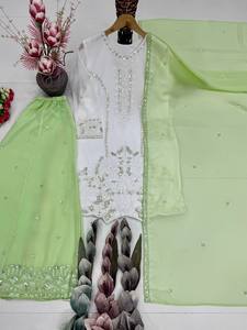 TENNECY New Designer Heavy Embroidery Sequences Work Georgette Women's <b>Ankle</b>-Length Kurta Set Both Side Moti Hend Work Wedding - Product Image 4