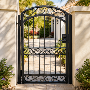 Portail de jardin décoratif en fer forgé noir avec motif arqué, panneau de clôture d'entrée piétonne extérieure - Product Image 2