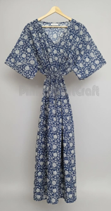 Handcrafted Indigo Blue Floral Block Print Cotton <b>Kaftan</b> Dress with Adjustable Drawstring Flattering V-neckline <b>Long</b> Maxi Gown - Product Image 2