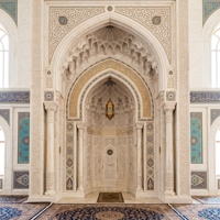 Panneau mural de prière islamique en marbre blanc poli, dalle épaisse décorative, arche Mihrab en relief, carrelage de revêtement intérieur pour mosquée Hayat