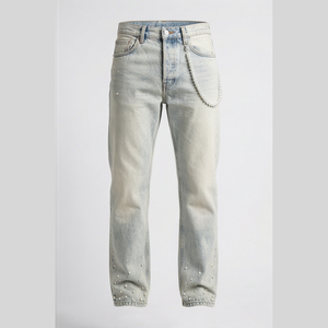 Jean droit taille haute pour homme en denim de coton délavé style streetwear perlé coupe slim décontracté printemps - Product Image 1