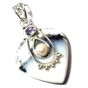 925 Sterling Silver Dendrite Agate Pendant Handmade Natural Gemstone Pearl Amethyst Statement Jewelry for Women - Product Image 5