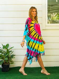 Women's Plus Size Maxi Casual Dress Tie-Dye <b>Kaftan</b> Swimwear Cover <b>Summer</b> Beach Boho Abaya Slit Design Hand Tassel V-neck Natural - Product Image 4