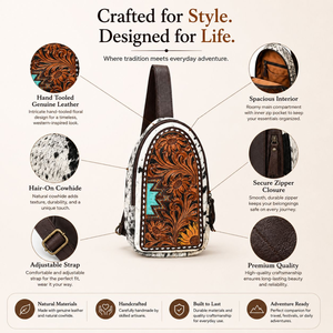 Western Hair On Hide <b>Tooled</b> Leather Sling <b>Backpack</b> for Women Handmade Floral Crossbody Shoulder Bag Vintage Boho Travel Style - Product Image 5