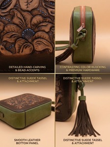 Sac à bandoulière mini pour femme en cuir véritable fait main, orné de motifs floraux gravés, avec protection RFID antivol - Product Image 3