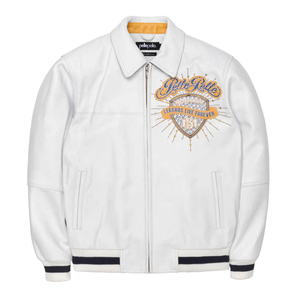 Direct Factory Men's White PU Bomber <b>Jacket</b> Embroidered Logo Front Turn-down Collar Zipper Closure Casual Style Letterman <b>Jacket</b> - Product Image 1