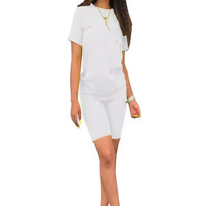 Ensemble deux pièces de luxe pour femme : T-shirt et short de sport décontracté, col rond, survêtement de jogging 100 % coton satiné imperméable - Product Image 2