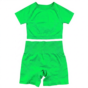 Girls Blue <b>Short</b> Sleeve <b>Crop</b> <b>Top</b> & <b>Shorts</b> Set Crew Neck Solid Color Breathable Casual Summer Outfit Lightweight Spandex Cotton - Product Image 4