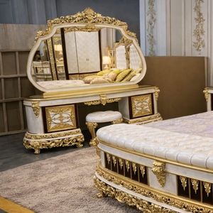 Ensemble de chambre à coucher de luxe style Palais Royal en acajou massif sculpté, lit rembourré, armoire et coiffeuse – Mobilier classique haut de gamme - Product Image 3