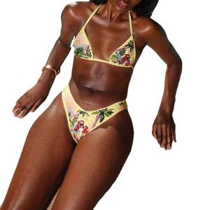 Traje de Baño Brasileño de Dos Piezas para Mujer, Bikini de Nailon con Escote Profundo en V, Estampado Floral, Sexy, con Cordones, Bordado de Cristales, Personalizado en la Parte Delantera - Product Image 5