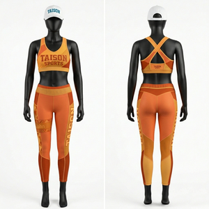 Conjunto deportivo para mujer, leggings de poliéster y spandex GSM y sujetador deportivo, paneles en contraste verde neón, logotipo sublimado que absorbe la humedad - Product Image 3