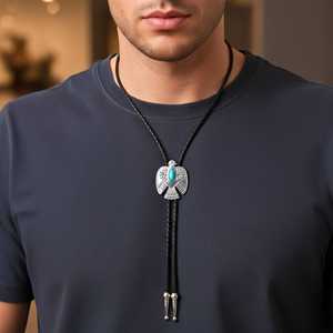Cravate Bolo Aigle Turquoise avec Pendentif en Acier Inoxydable de 1,8 Pouce et Cordon en Cuir Noir Réglable pour Hommes et Garçons - Product Image 1