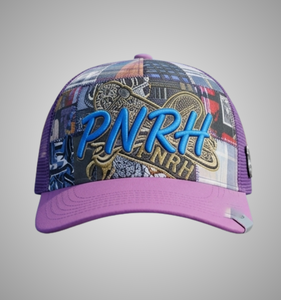 Professional Custom Embroidered Mesh Trucker <b>Hat</b> <b>Purple</b> Plaid Pattern Front Logo Unisex Street Style Adjustable 6-Panel Cap - Product Image 1