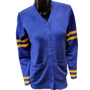Cardigan tricoté bleu pour femme, style sororité grecque, col en V contrastant jaune, manches longues, décontracté, boutonné sur le devant - Product Image 1