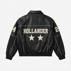 Blouson Bomber en Cuir Noir pour Homme Hollander, Motif Lettres Brodé, Étoiles, Numéro 24, Style Universitaire, Vêtement d'Automne - Product Image 3