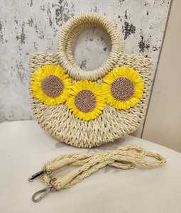 Beige <b>T</b>-<b>Shirt</b> Yarn Crochet Clutch | 3D Yellow Sunflower Woven Top-Handle | Bohemian Style Waterproof Lightweight Durable 1-1.9L - Product Image 2
