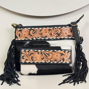 Fashionable Women 2-Pieces Set Hand Tooled Leather Fringe Crossbody Bag with Hand Tooled Cowhide Leather Trifold Card Clutch Set - Product Image 5