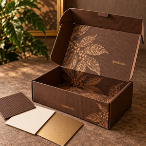 Caja de cartón corrugado impresa SunGene para latas de café tostado en colores cacao y oro antiguo - Product Image 6