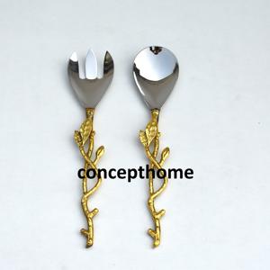 Ensemble de serveurs à salade de luxe en acier inoxydable, finition miroir, moderne, élégant, unique, avec manche en métal en forme de branche - Product Image 2