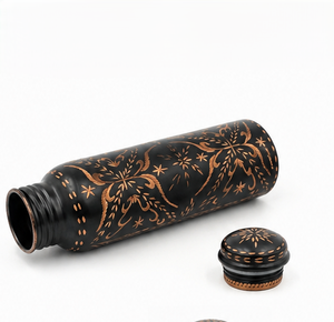 Black Matte Copper Water <b>Bottle</b> Oriental Design With Hand Engraved Pattern Gold Pattern Portable Travel <b>Flask</b> With Lid - Product Image 1