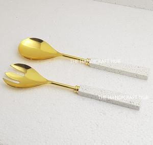 Ensemble de saladiers en métal doré de style américain avec poignée en marbre blanc, luxe pour table, hôtel et restaurant - Product Image 2