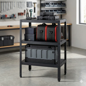 3-tier metal storage <b>shelf</b> freestanding industrial <b>rack</b> rectangle black tools organizer garage use utility <b>rack</b> - Product Image 4