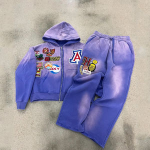 2026 Best Custom Wholesale Men's Plus Size Distressed Embroidery Patch Work Oversized <b>Hoodies</b> and Sweat Pants - Product Image 2