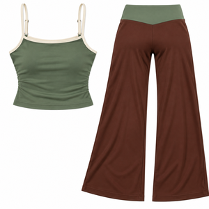Ensemble 2 pièces Y2K sportif et confortable pour le voyage : pantalon palazzo court ample à revers et débardeur court à passepoil – Tendance streetwear vert sauge - Product Image 3