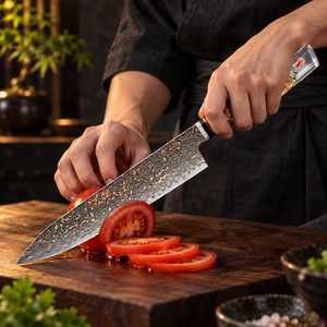 Cuchillo de chef de acero de Damasco de 8 pulgadas con punta caída y borde biselado, mango de madera con incrustaciones de resina, cuchillo de cocina - Product Image 3