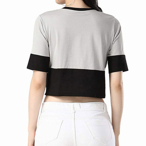 Women's Cropped Blouse Short Sleeve Crew Neck Color Blocked Knitted Casual <b>Top</b> Regular Fit Spring Summer White Black Spliced - Product Image 2