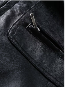 <b>Men's</b> Black Cowhide <b>Leather</b> Bomber <b>Jacket</b> Turn-down Collar Zipper Closure Slim Fit Regular Length Solid Color Winter Wear - Product Image 4