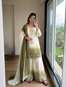 Launching Heavy Dual Tone Star Georgette With Embroidery Work With Jarkhan Diamond Work <b>Top</b> Plazzo & Dupatta Set - Product Image 1