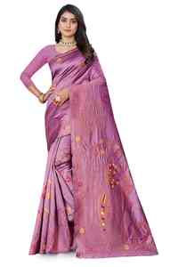<b>Purple</b> Silk <b>Saree</b> with Floral Embroidery Women India Pakistan Traditional Party Wedding Wear Regular Fit Floor Length Quick Dry - Product Image 3